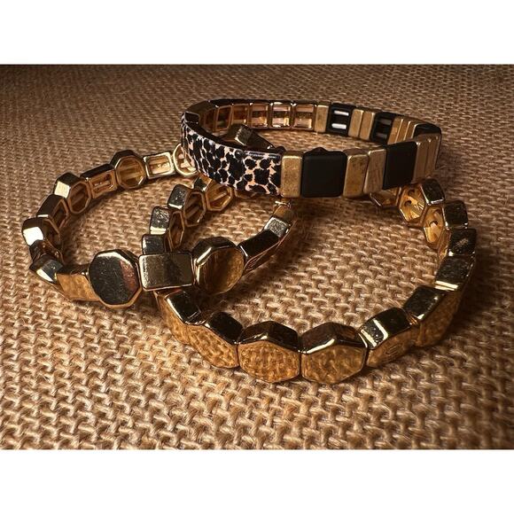 Gold Black Geometric Hexagonal & Square Flat Bead Stretch Bracelets--Set of 3 - Picture 4 of 12